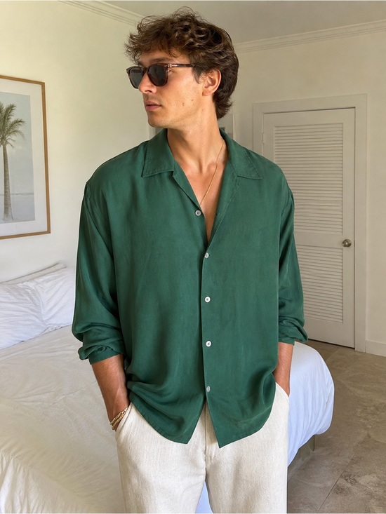 Harold's Other - Harold’s Silk Shirt Size S Green Camp Collar Button Front Minimalist Gorpcore